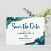 Bat Mitzvah Modern Turquoise Gold Agaat Script Save The Date (Staand voorkant)