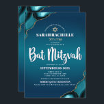 Bat Mitzvah Modern Turquoise Ombre Agate Script Kaart<br><div class="desc">Wees trots, verheug je en laat deze mijlpaal van je favoriete Bat Mitzvah zien! Stuur deze coole, unieke, moderne, gepersonaliseerde Hebreeuwse naamuitnodiging voor een evenement om te onthouden. Witte scripttypografie en een faux gouden ster van David bedekken een diepe turquoise blauwgroen blauwe ombre achtergrond met turquoise blauwe agaat geaccentueerd met...</div>