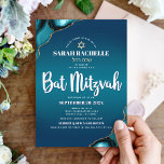 Bat Mitzvah Modern Turquoise Ombre Agate Script Kaart<br><div class="desc">Wees trots, verheug je en laat deze mijlpaal van je favoriete Bat Mitzvah zien! Stuur deze coole, unieke, moderne, gepersonaliseerde Hebreeuwse naamuitnodiging voor een evenement om te onthouden. Witte scripttypografie en een faux gouden ster van David bedekken een diepe turquoise blauwgroen blauwe ombre achtergrond met turquoise blauwe agaat geaccentueerd met...</div>