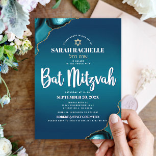 Bat Mitzvah Modern Turquoise Ombre Agate Script Kaart