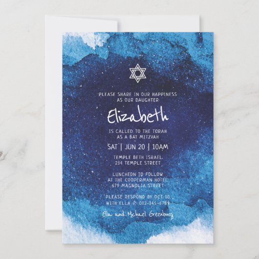 Bat Mitzvah Modern Typography Blue Waterverf Kaart (Voorkant)