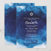 Bat Mitzvah Modern Typography Blue Waterverf Kaart (Voorkant / Achterkant)