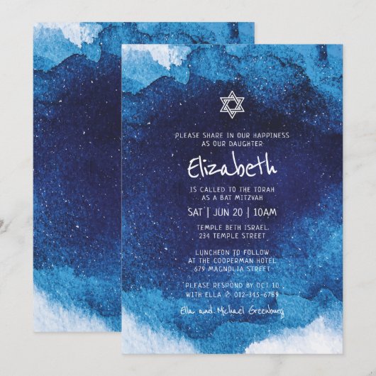 Bat Mitzvah Modern Typography Blue Waterverf Kaart (Voorkant / Achterkant)
