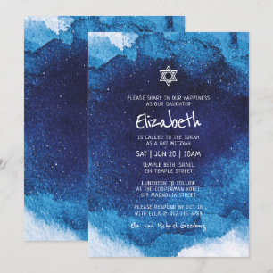 Bat Mitzvah Modern Typography Blue Waterverf Kaart