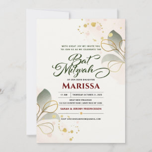 Bat Mitzvah Modern Waterverf Floral Glitter Invi Kaart