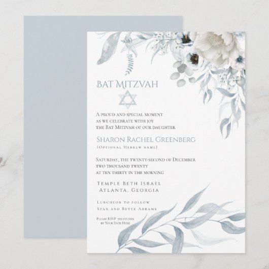 Bat Mitzvah Modern Waterverf Stusty Blue Floral Kaart (Voorkant / Achterkant)
