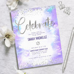 Bat Mitzvah modern zilver folie paarse waterverf Informatiekaartje<br><div class="desc">Wees trots, blij en toon deze mijlpaal van je favoriete Bat Mitzvah! Omvat dit verbluffende, moderne, dunne, zilveren faux folie en glitter stippen en handgeschreven kalligrafiekmanuscript tegen een zachte paarse achtergrond van de waterverf, gepersonaliseerde tussenvoegsel voor extra informatie aan uw gebeurtenis. Pas de douanetekst met de naam, de datum, en...</div>