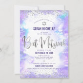 Bat Mitzvah modern zilver folie paarse waterverf Kaart (Voorkant)