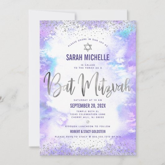 Bat Mitzvah modern zilver folie paarse waterverf Kaart (Voorkant)