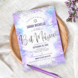 Bat Mitzvah modern zilver folie paarse waterverf Kaart