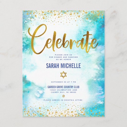 Bat Mitzvah moderne folie turkooise waterverf Informatiekaartje (Voorkant)