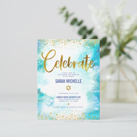 Bat Mitzvah moderne folie turkooise waterverf Informatiekaartje (Staand voorkant)