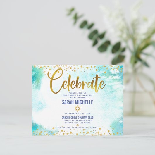 Bat Mitzvah moderne folie turkooise waterverf Informatiekaartje (Staand voorkant)