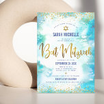 Bat Mitzvah moderne folie turkooise waterverf Kaart<br><div class="desc">Wees trots, blij en toon deze mijlpaal van je favoriete Bat Mitzvah! Verzend dit verbluffende, moderne, dunne gouden faux folie en glitter stippen en typografische manuscript tegen een turkooise waterverf achtergrond, gepersonaliseerde uitnodiging voor een gebeurtenis om zich te herinneren. Pas de douanetekst met de naam, de datum, en de plaatsinformatie...</div>