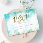 Bat Mitzvah moderne folie turkooise waterverf RSVP Kaartje<br><div class="desc">Wees trots, blij en toon deze mijlpaal van je favoriete Bat Mitzvah! Omvat dit verbluffende, moderne, dunne gouden faux-folie en glitter-stippen en typografische manuscript tegen een turquoise waterverf achtergrond, gepersonaliseerde RSVP- tussenvoegselkaart voor uw gebeurtenis. Pas de douanetekst met het "antwoord tegen"datum aan. Gegarandeerd om een stijlvol plezier toe te voegen...</div>