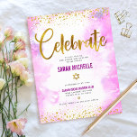 Bat Mitzvah moderne girale goudfolie roze waterver Informatiekaartje<br><div class="desc">Wees trots, blij en toon deze mijlpaal van je favoriete Bat Mitzvah! Omvat dit verbluffende, moderne, dunne gouden faux-folie en glitter-stippen en typografische manuscript tegen een zacht roze achtergrond van de waterverf, gepersonaliseerde tussenvoegsel voor extra informatie aan uw gebeurtenis. Pas de douanetekst met de naam, de datum, en de plaatsinformatie...</div>