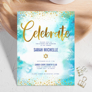 Bat Mitzvah moderne goud folie turquoise waterverf Informatiekaartje