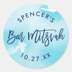 BAT MITZVAH moderne met letters in aqua blauw wate Ronde Sticker