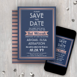 Bat Mitzvah Moderne Navy Blauwe Roze Roze Gouden T Save The Date