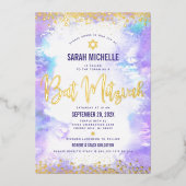 Bat Mitzvah moderne paarse waterverf echt goud Folie Uitnodiging (Voorkant)