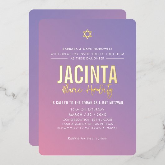 BAT MITZVAH moderne ster paars roze verloop  Folie Uitnodiging (Voorkant / Achterkant)