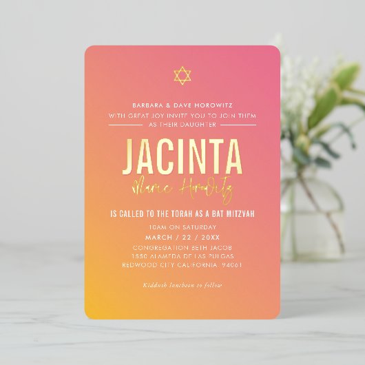 BAT MITZVAH moderne ster roze geel verloop  Folie Uitnodiging (Staand Voorkant)