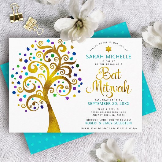 Bat Mitzvah Moderne Turkoois Gouden Boom des Leven Kaart