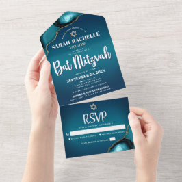Bat Mitzvah Moderne Turquoise Ombre Agaat Script All In One Uitnodiging