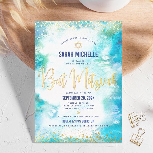 Bat Mitzvah moderne turquoise waterverf echt goud Folie Uitnodiging