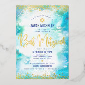 Bat Mitzvah moderne turquoise waterverf echt goud Folie Uitnodiging (Voorkant)