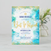 Bat Mitzvah moderne turquoise waterverf echt goud Folie Uitnodiging (Staand Voorkant)