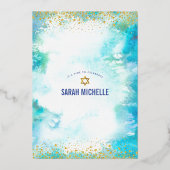 Bat Mitzvah moderne turquoise waterverf echt goud Folie Uitnodiging (Achterkant)