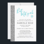 Bat Mitzvah Moderne Zilveren Glitter Streep Kaart<br><div class="desc">Moderne zilveren glitter en aqua blauwgroen blauw Bat Mitzvah uitnodiging. Minimaal,  eenvoudig,  chique en trendy. Coördineren van briefpapier en feestartikelen verkrijgbaar bij Paper Grape Zazzle Designer om uw zilveren glitter Bat Mitzvah party decor te voltooien.</div>
