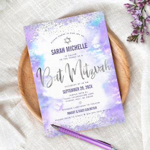 Bat Mitzvah moderne zilverfolie paarse waterverf Kaart