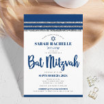 Bat Mitzvah Navy Blauw Script Eenvoudig Modern Tal Kaart<br><div class="desc">Wees trots, verheug je en laat deze mijlpaal van je favoriete Bat Mitzvah zien! Stuur deze coole, unieke, moderne, gepersonaliseerde uitnodiging voor een evenement om te onthouden. Vet, marineblauw schrift typografie, Star of David en een marineblauw en zilveren glitter gestreepte tallit geïnspireerde grafische overlay op een eenvoudige, witte achtergrond. Personaliseer...</div>