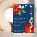 Bat Mitzvah Navy Blue Modern Red Floral Waterverf Kaart<br><div class="desc">Wees trots, blij en toon deze mijlpaal van je favoriete Bat Mitzvah met deze geavanceerde, persoonlijke uitnodiging! Een griezelige rode waterverf met het moderne type san serif bedekt een blauw marineklein. Pas de douanetekst met de naam, de datum, en de plaatsinformatie van uw Bat Mitzvah aan. Gegarandeerd om een stijlvol...</div>