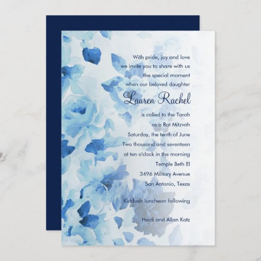 Bat Mitzvah Navy Blue Waterverf Floral Kaart (Voorkant / Achterkant)