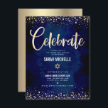 Bat Mitzvah Navy Gouden Folie Glitter Script Moder Informatiekaartje<br><div class="desc">Wees trots, verheug je en laat deze mijlpaal van je favoriete Bat Mitzvah zien! Voeg dit prachtige, moderne, gepersonaliseerde tussenvoegsel toe voor extra informatie aan uw gebeurtenis. Graphic faux gold folie kalligrafie script, Star of David, en confetti, overlay een rijke, dramatische, navy blauwe waterverf achtergrond. Personaliseer de aangepaste tekst met...</div>