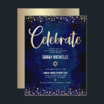 Bat Mitzvah Navy Gouden Folie Glitter Script Moder Informatiekaartje<br><div class="desc">Wees trots, verheug je en laat deze mijlpaal van je favoriete Bat Mitzvah zien! Voeg dit prachtige, moderne, gepersonaliseerde tussenvoegsel toe voor extra informatie aan uw gebeurtenis. Graphic faux gold folie kalligrafie script, Star of David, en confetti, overlay een rijke, dramatische, navy blauwe waterverf achtergrond. Personaliseer de aangepaste tekst met...</div>