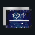Bat Mitzvah Navy Silver Glitter Script Waterverf RSVP Kaartje<br><div class="desc">Wees trots, verheug je en laat deze mijlpaal van je favoriete Bat Mitzvah zien! Neem deze prachtige, moderne, gepersonaliseerde RSVP-wisselkaart voor uw evenement op. Graphic faux silver folie kalligrafie script en confetti overlay een rijke, dramatische, navy blue waterverf achtergrond. Personaliseer de aangepaste tekst met de "antwoorddatum". In dit trendy en...</div>