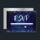 Bat Mitzvah Navy Silver Glitter Script Waterverf RSVP Kaartje<br><div class="desc">Wees trots, verheug je en laat deze mijlpaal van je favoriete Bat Mitzvah zien! Neem deze prachtige, moderne, gepersonaliseerde RSVP-wisselkaart voor uw evenement op. Graphic faux silver folie kalligrafie script en confetti overlay een rijke, dramatische, navy blue waterverf achtergrond. Personaliseer de aangepaste tekst met de "antwoorddatum". In dit trendy en...</div>