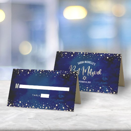 Bat Mitzvah Navy Waterverf Gouden Glitter Script Plaatskaartje