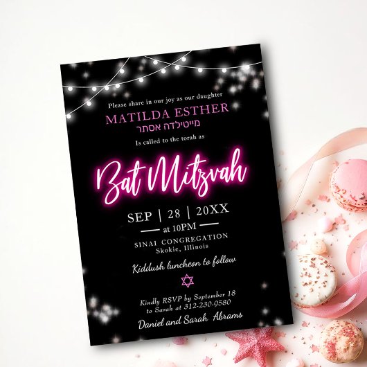 Bat Mitzvah Neon Roze Thema Kaart