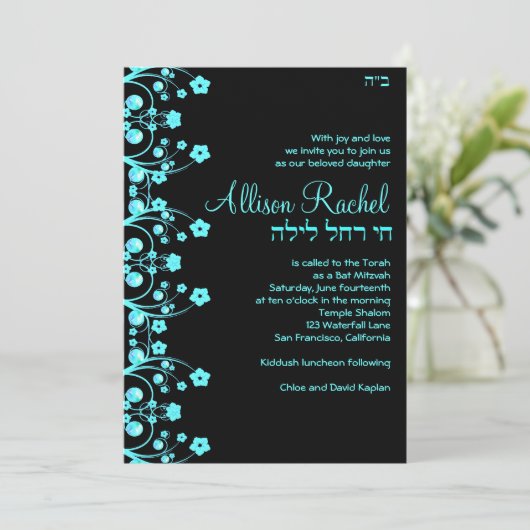 Bat Mitzvah nodigt Allison Flowers Black/Blue Kaart (Staand voorkant)
