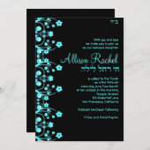 Bat Mitzvah nodigt Allison Flowers Black/Blue Kaart (Voorkant / Achterkant)