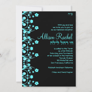 Bat Mitzvah nodigt Allison Flowers Black/Blue Kaart