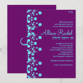 Bat Mitzvah nodigt Allison Flowers PurpleBlue uit Kaart (Voorkant / Achterkant)