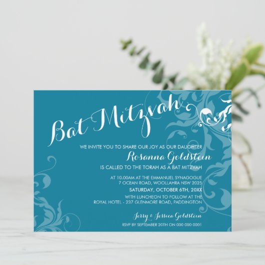 BAT MITZVAH NODIGT elegante bloeiende turkoois uit Kaart (Staand voorkant)