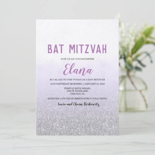 Bat Mitzvah Ombre Lavendel Uitnodiging (Staand voorkant)