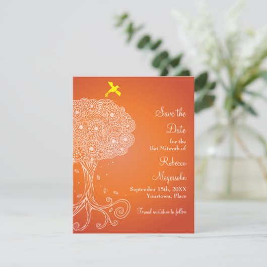 Bat Mitzvah: Oranje levensboom sparen de datum Save The Date (Staand voorkant)